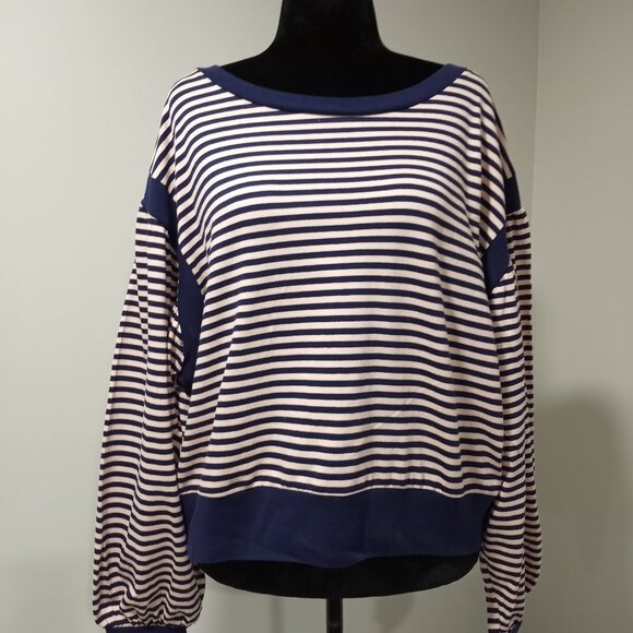 BP NAVY BLUE|PINK HOIZONTAL STRIPED SWEATSHIRT PUFF SLEEVES WOMEN SIZE XL - Picture 1 of 10